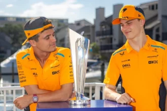Lando Norris celebrates his first-ever Grand Prix victory with T20 World Cup trophy